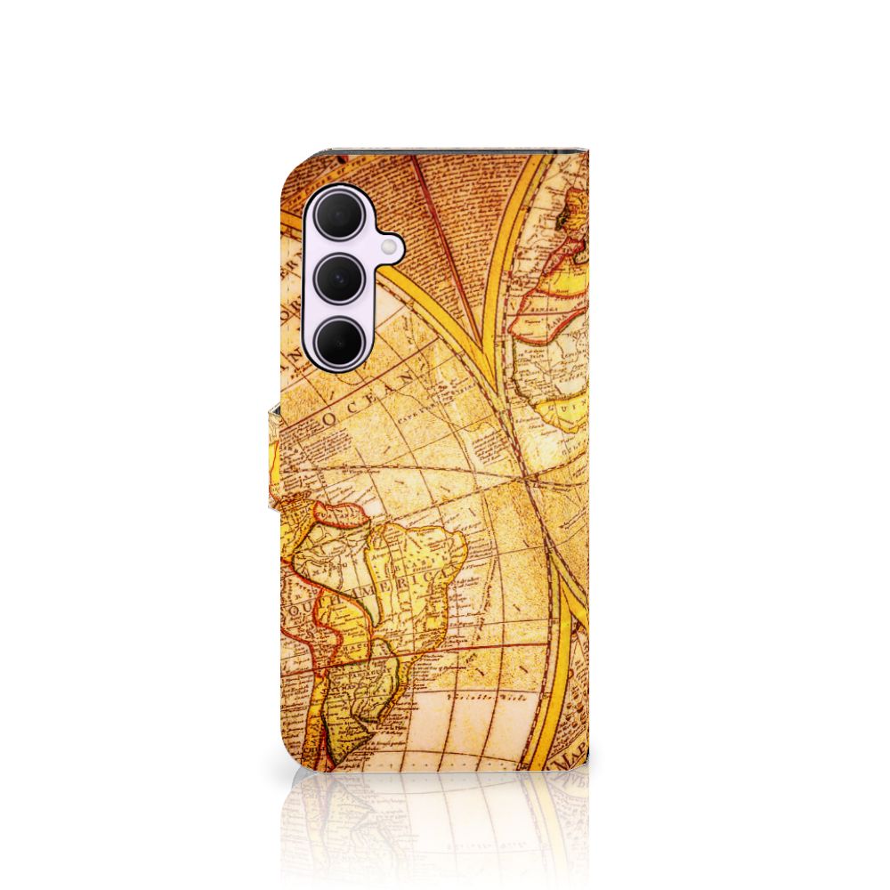 Samsung Galaxy A35 Flip Cover Kompas afdruk wereldkaart beige bruin