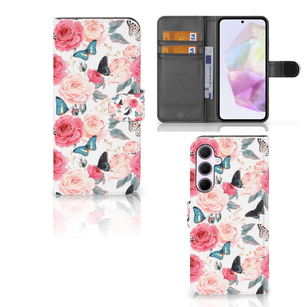 Samsung Galaxy A35 Hoesje Butterfly Roses met romantische rozen en vlinders, perfect als cadeau 🎁.