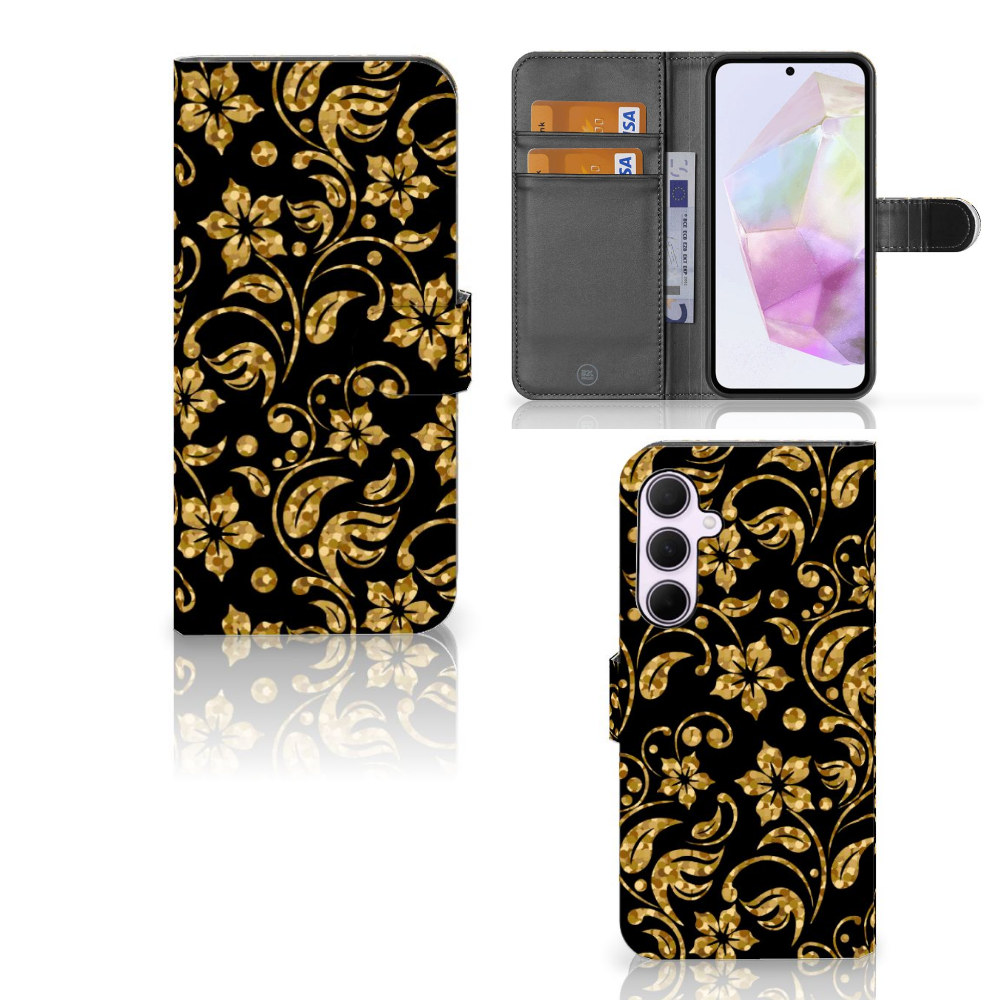 Samsung Galaxy A35 Hoesje Gouden Bloemen telefoonhoesje Gouden Bloemen design voorkant achterkant