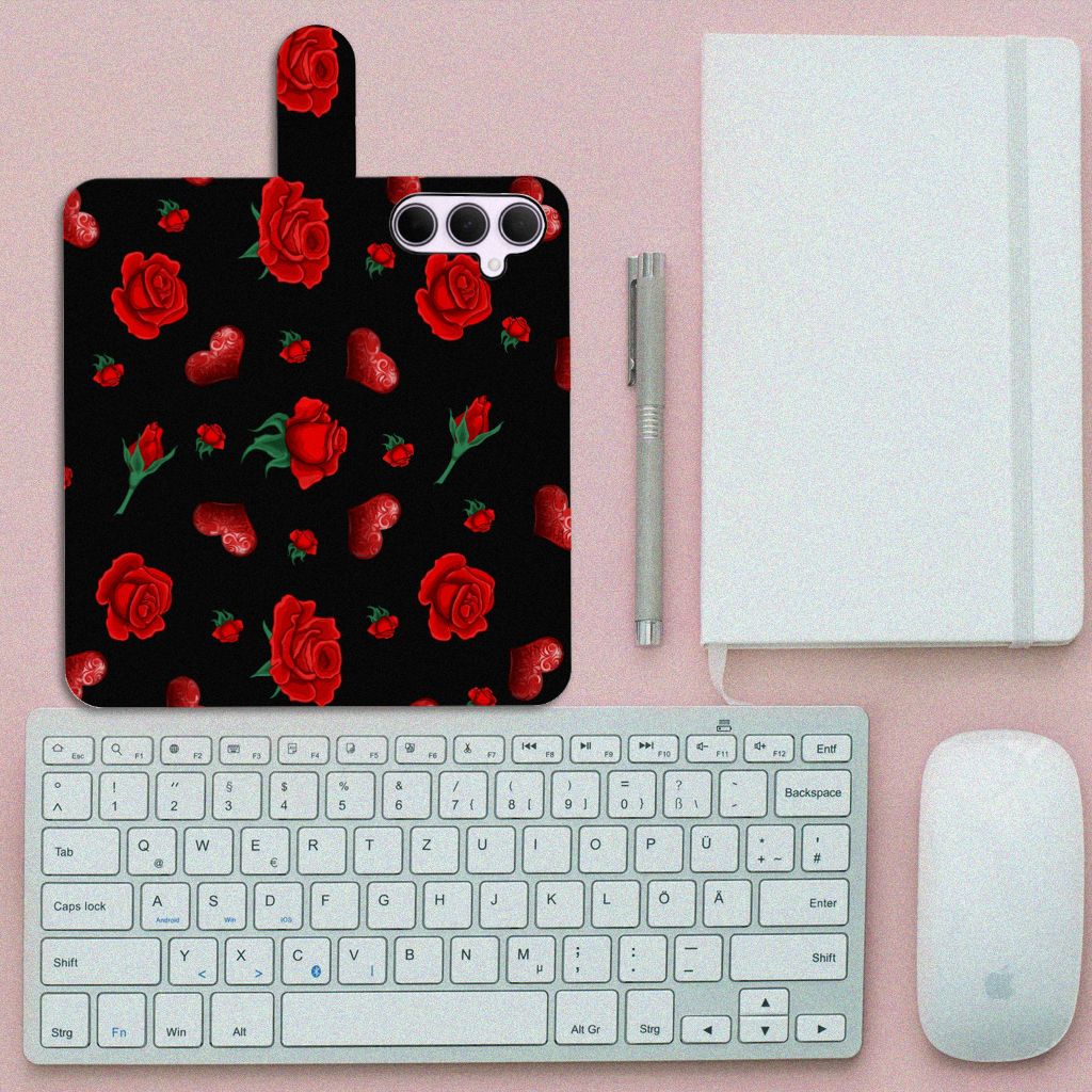 Samsung Galaxy A35 Leuk Hoesje Valentine bloemen zwart aanzicht