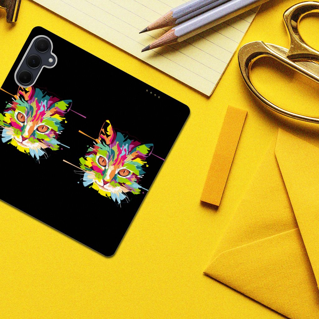 Samsung Galaxy A35 Magnet Case Cat Color design kleurrijke kattenkoppen