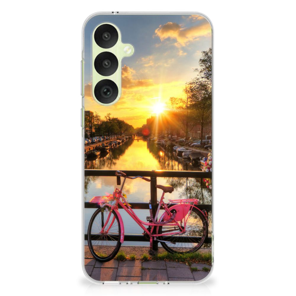 Samsung Galaxy A35 Siliconen Back Cover Amsterdamse Grachten fiets zonsondergang ontwerp voorzijde