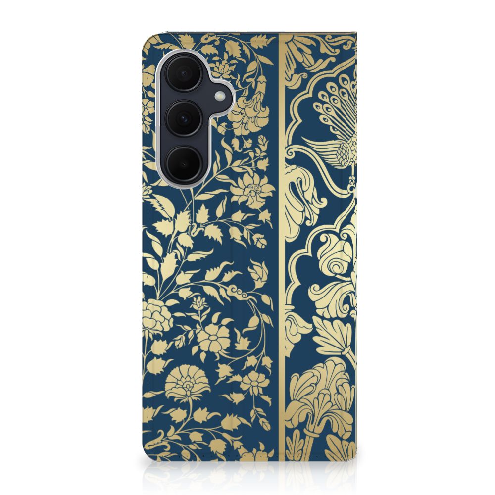 Samsung Galaxy A35 Smart Cover Beige Flowers hoesje elegant donkerblauw bloemen design