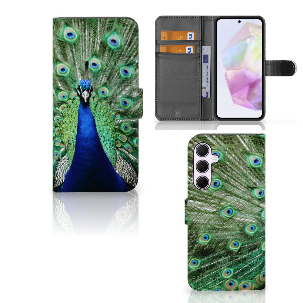 Samsung Galaxy A35 Telefoonhoesje met Pasjes Pauw boekhoesje voorzijde zijkant binnenkant