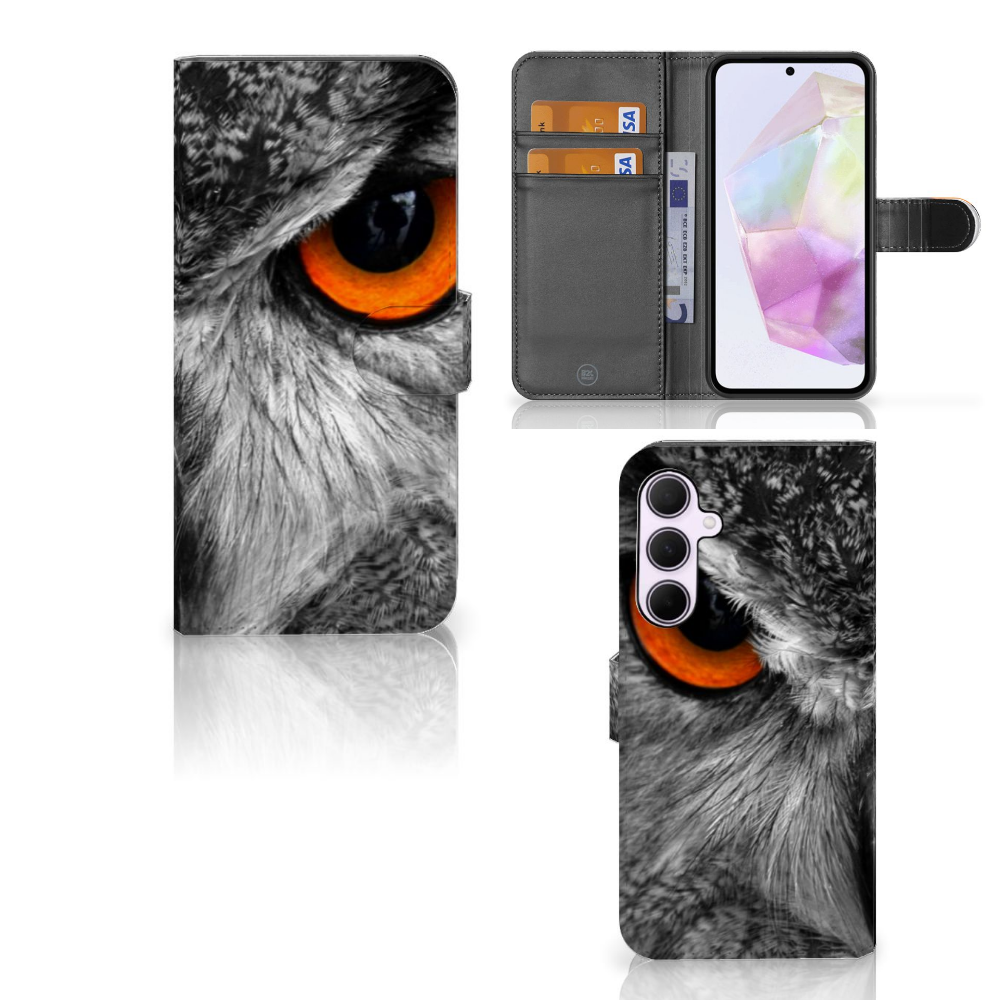 Samsung Galaxy A35 Telefoonhoesje met Pasjes Uil telefoonhoesje uil ontwerp voorzijde en binnenkant