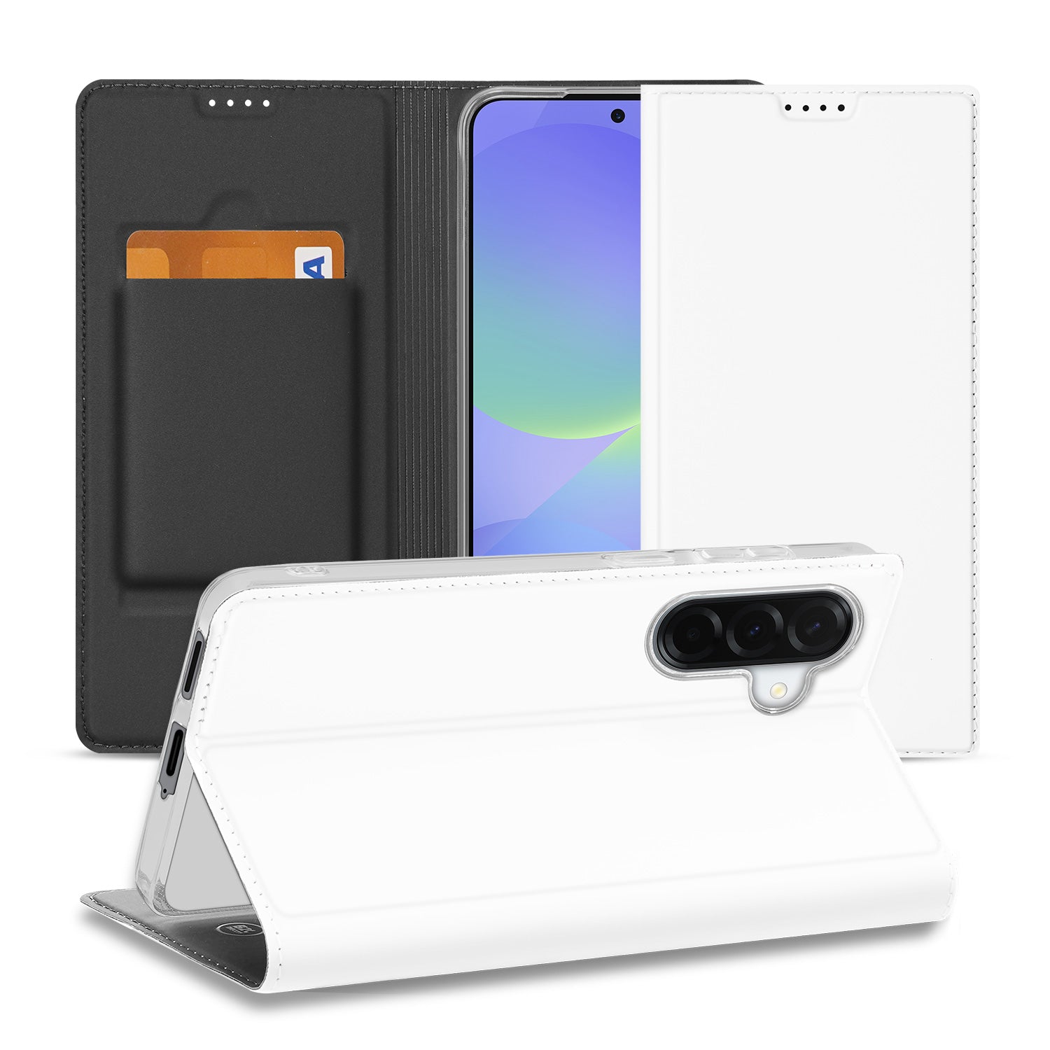 Samsung Galaxy A37 Stand Case Hoesje Wit met Kaartvak en Magneetsluiting Vooraanzicht.