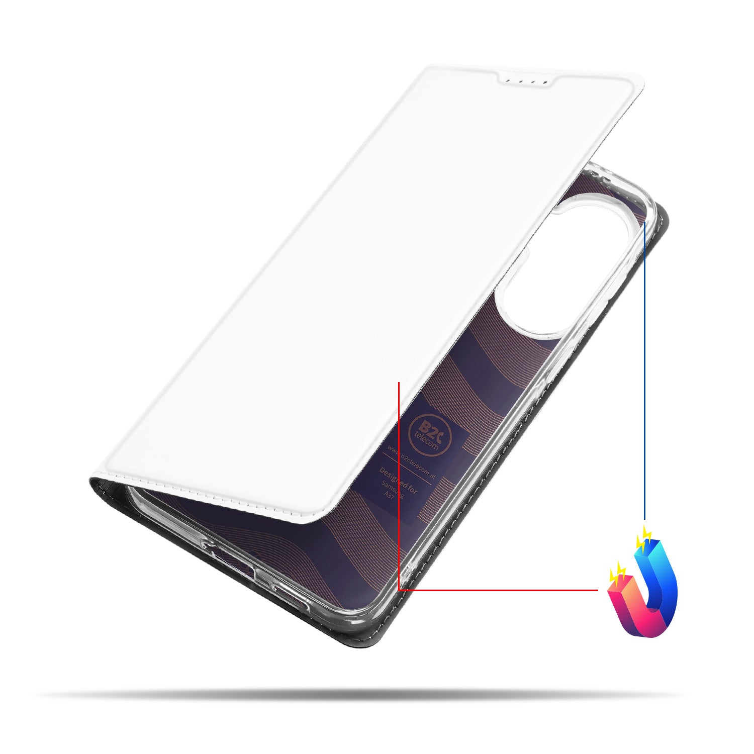 Samsung Galaxy A37 Stand Case Hoesje Wit detail aanzicht opengeslagen met binnenzijde zichtbaar.