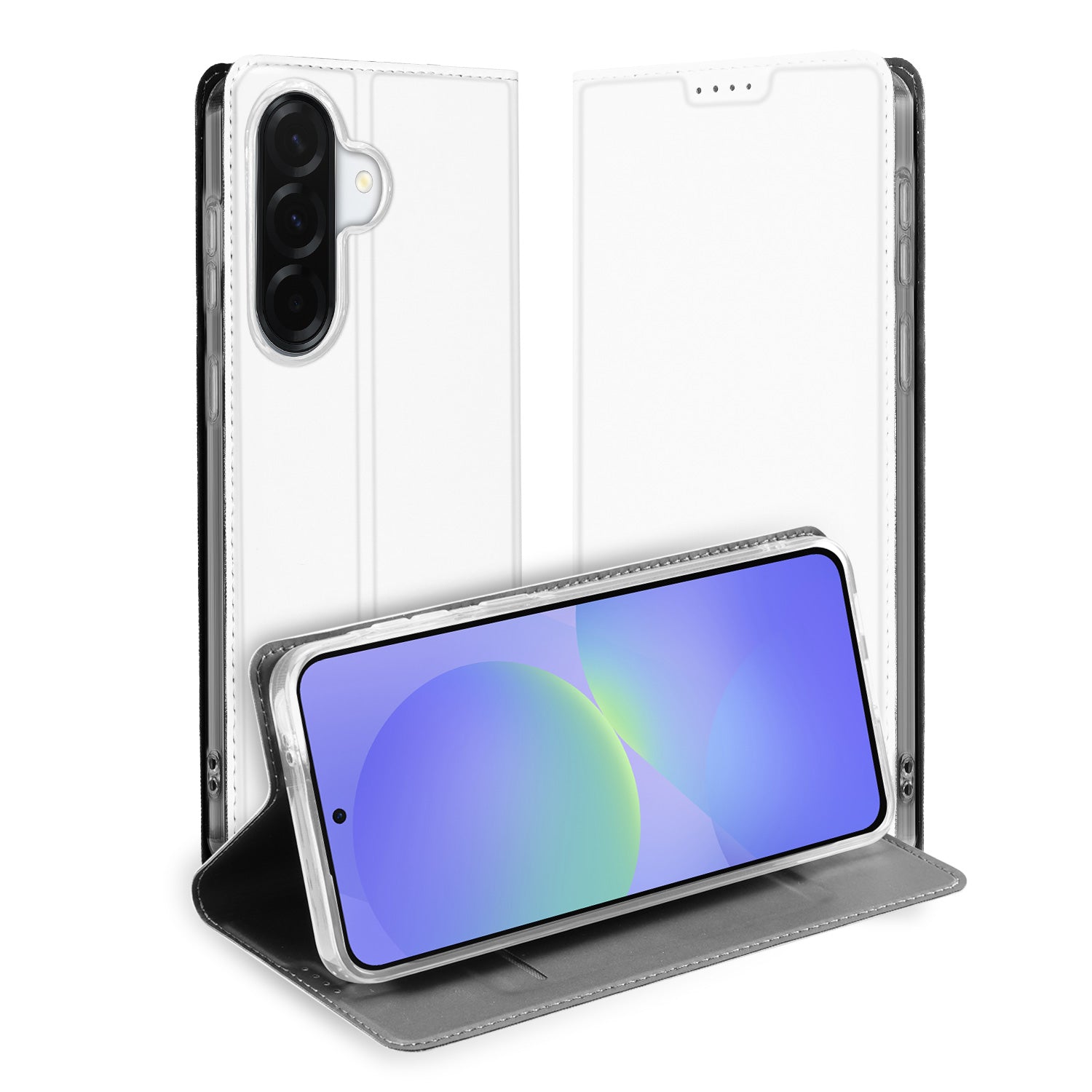Samsung Galaxy A37 Stand Case Hoesje Wit open vooraanzicht met telefoon in standfunctie.