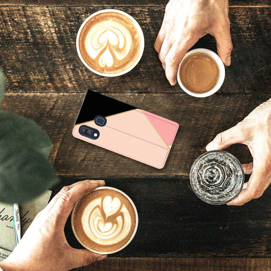 Samsung Galaxy A40 Stand Case Zwart Roze Vormen