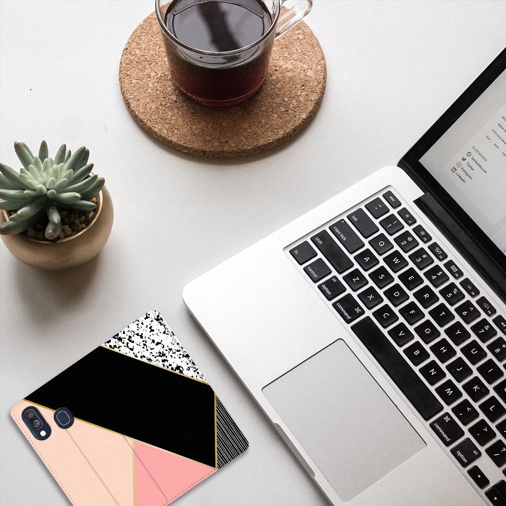 Samsung Galaxy A40 Stand Case Zwart Roze Vormen