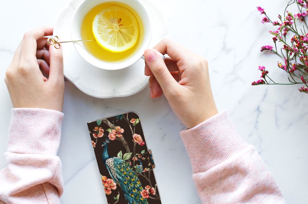 Samsung Galaxy A40 Telefoonhoesje met Pasjes Pauw met Bloemen