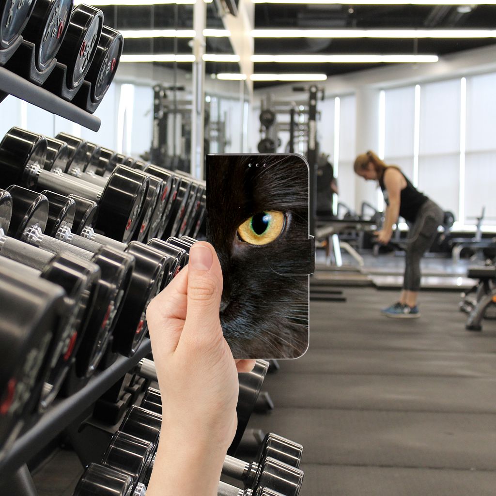 Samsung Galaxy A40 Telefoonhoesje met Pasjes Zwarte Kat design zwart kat aanzicht