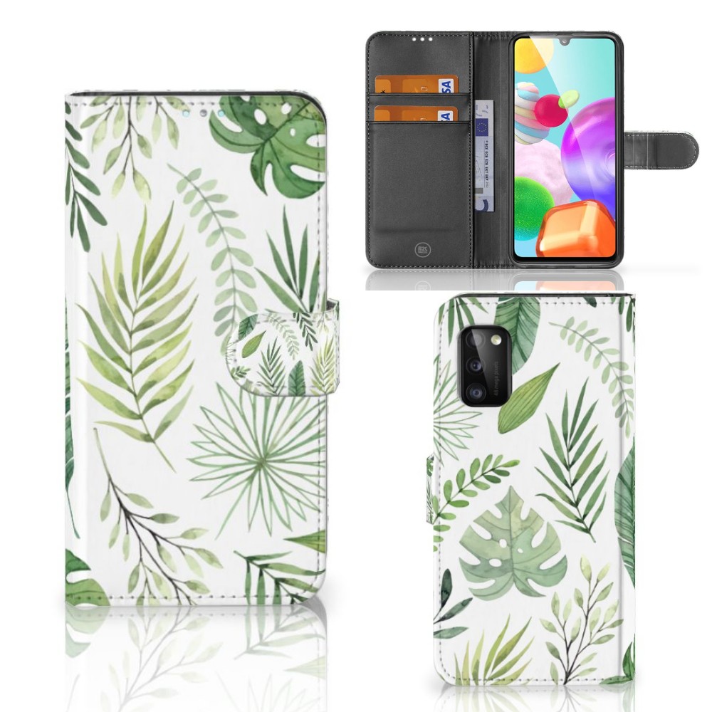 Samsung Galaxy A41 Hoesje Leaves Voor- en achteraanzicht Schuin aanzicht met groene bladeren en ruimte voor pasjes.