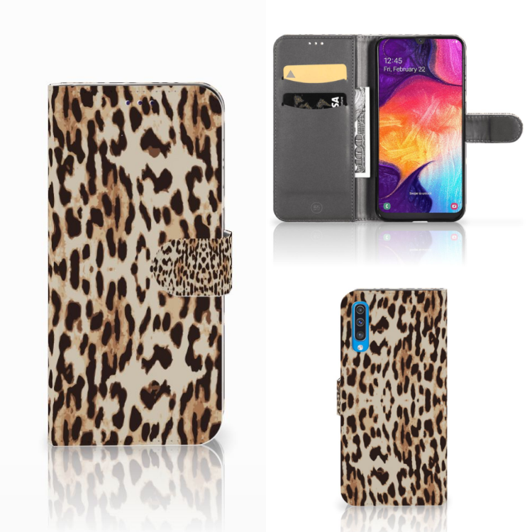 Samsung Galaxy A50 Telefoonhoesje met Pasjes Leopard telefoonhoesje panterprint voorkant zijkant achterkant