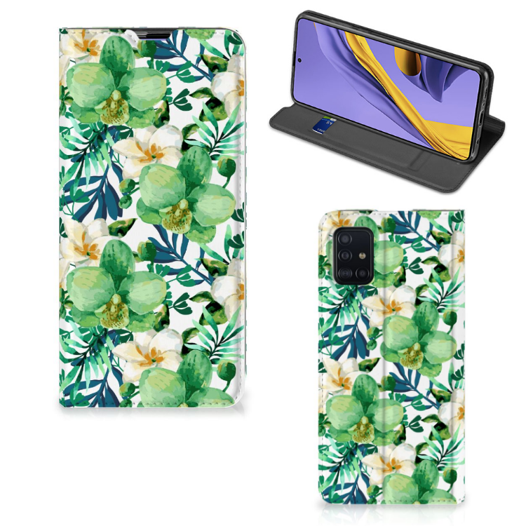 Samsung Galaxy A51 Smart Cover Orchidee Groen telefoonhoesje groen bloem design aanzicht