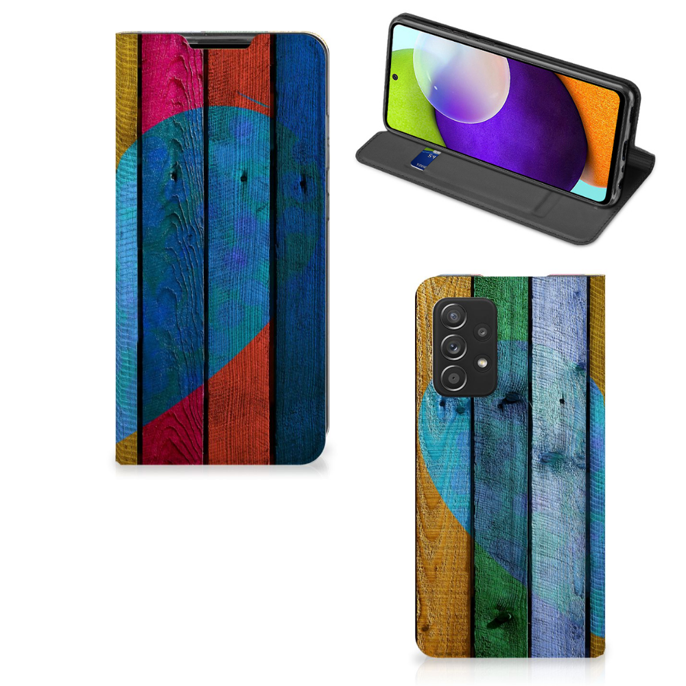 Samsung Galaxy A52 Book Wallet Case Wood Heart vooraanzicht zijkant stand