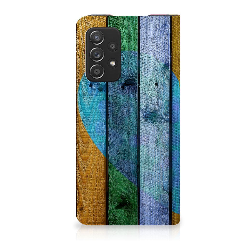 Samsung Galaxy A52 Book Wallet Case Wood Heart achterkant kleurrijk hout patroon