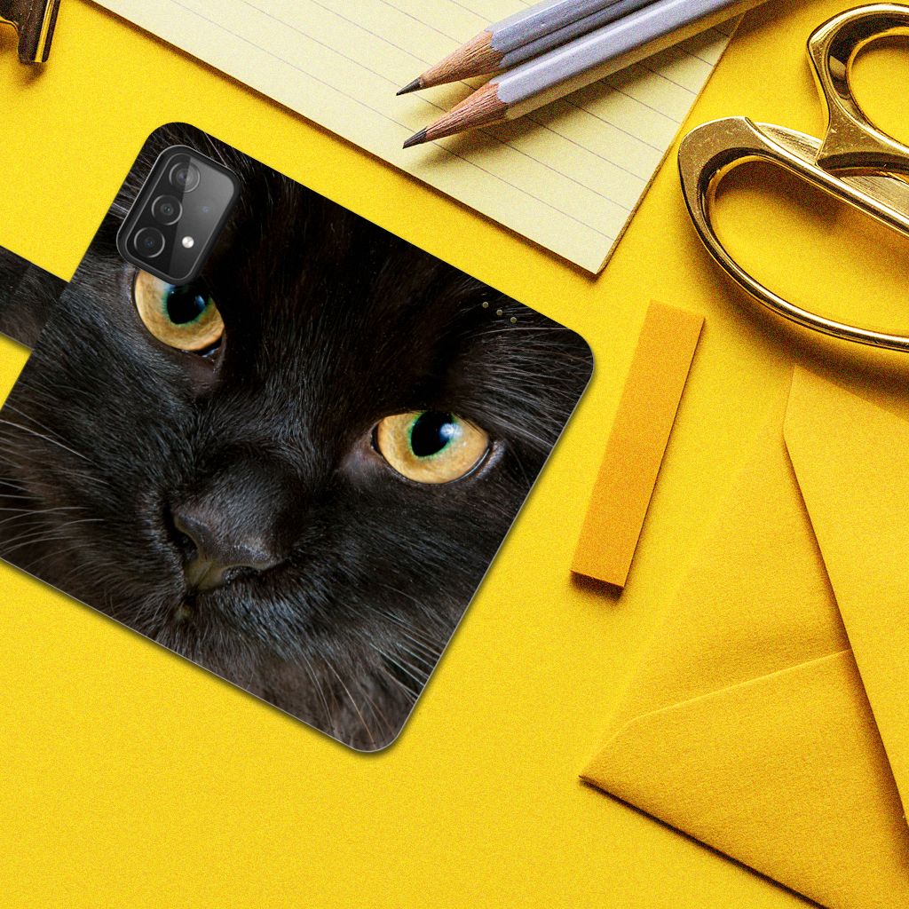 Samsung Galaxy A52 Telefoonhoesje met Pasjes Zwarte Kat design zwarte kat aanzicht