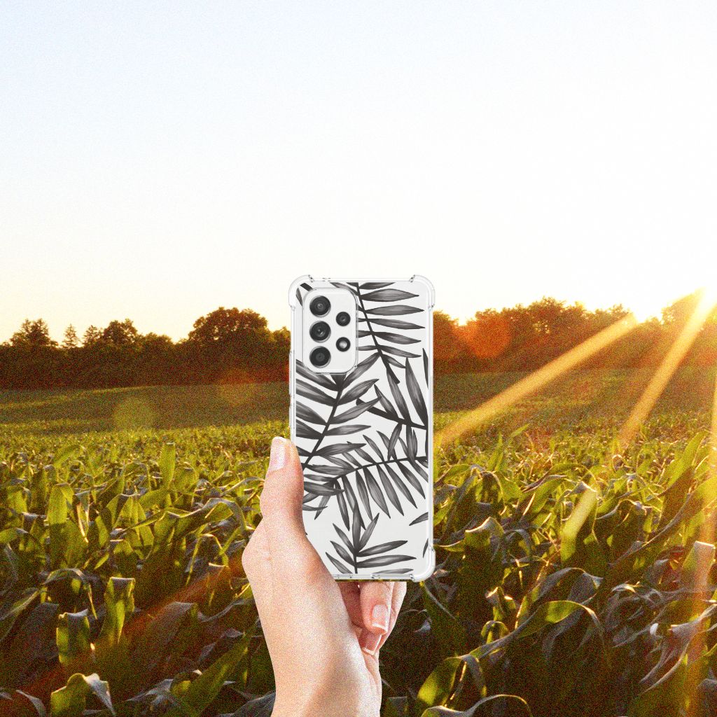 Samsung Galaxy A53 5G Case Leaves Grey telefoonhoesje palmbladeren zonsondergang