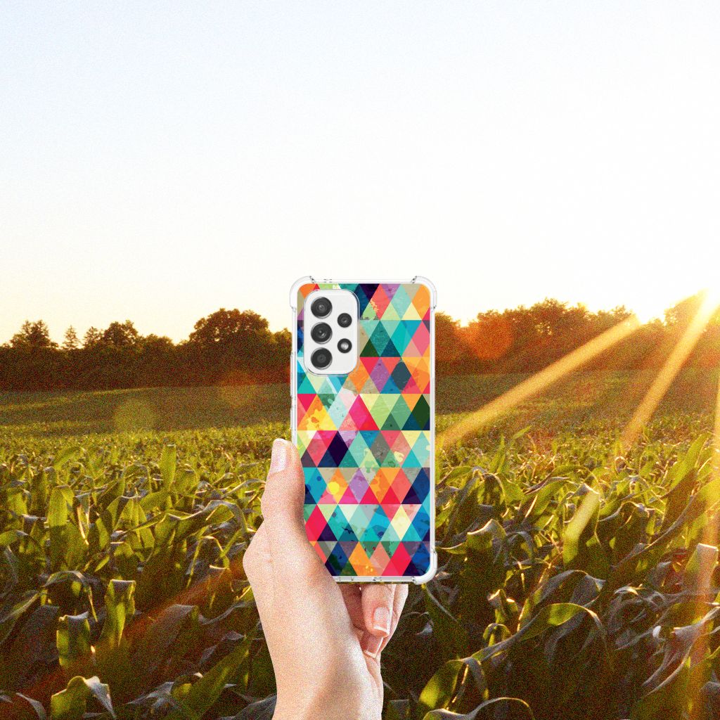 Samsung Galaxy A53 5G Doorzichtige Silicone Hoesje Geruit hand met kleurrijk design buiten