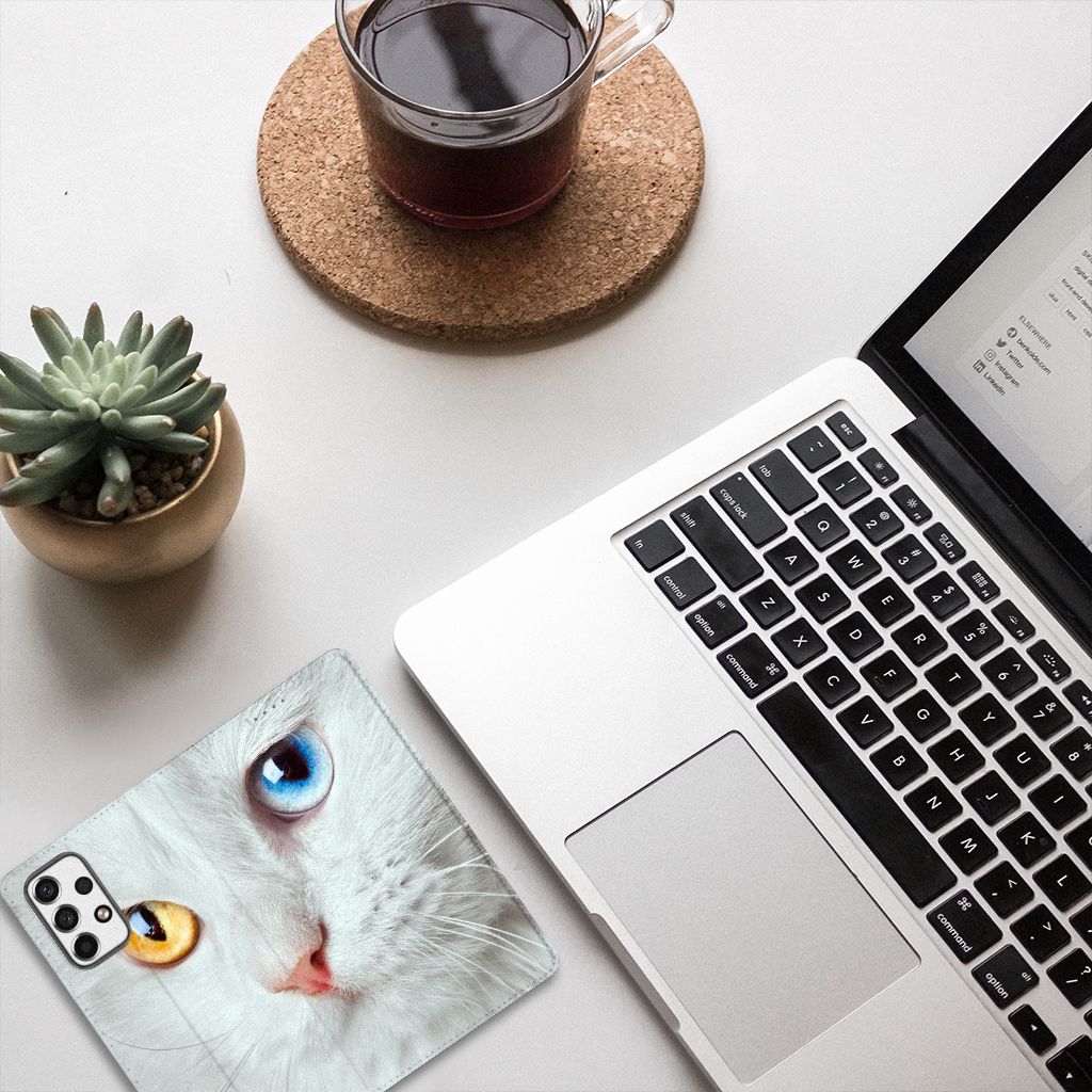 Samsung Galaxy A53 Hoesje maken Witte Kat design hoesje boven aanzicht