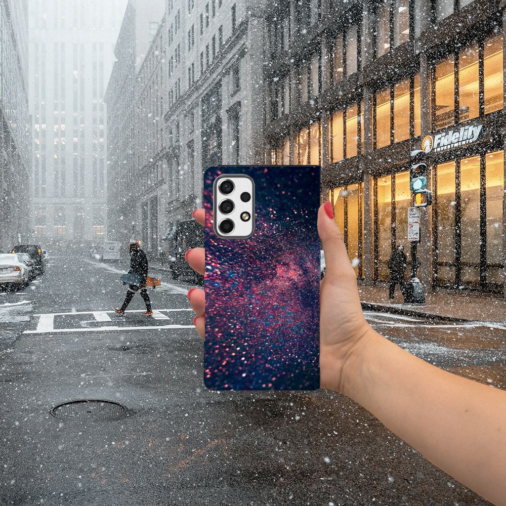 Samsung Galaxy A53 Stand Case Stars telefoonhoesje paarse blauwe glitter achtergrond aanzicht