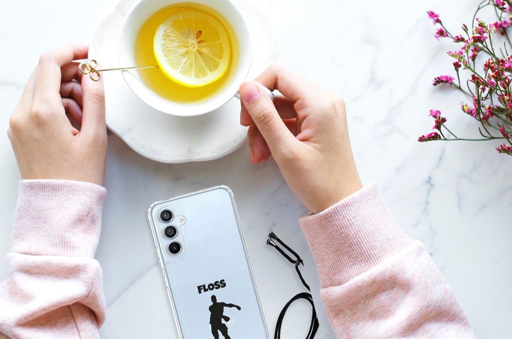 Samsung Galaxy A54 5G Stevig Bumper Hoesje Floss bovenaanzicht telefoonhoesje met hand en drankje