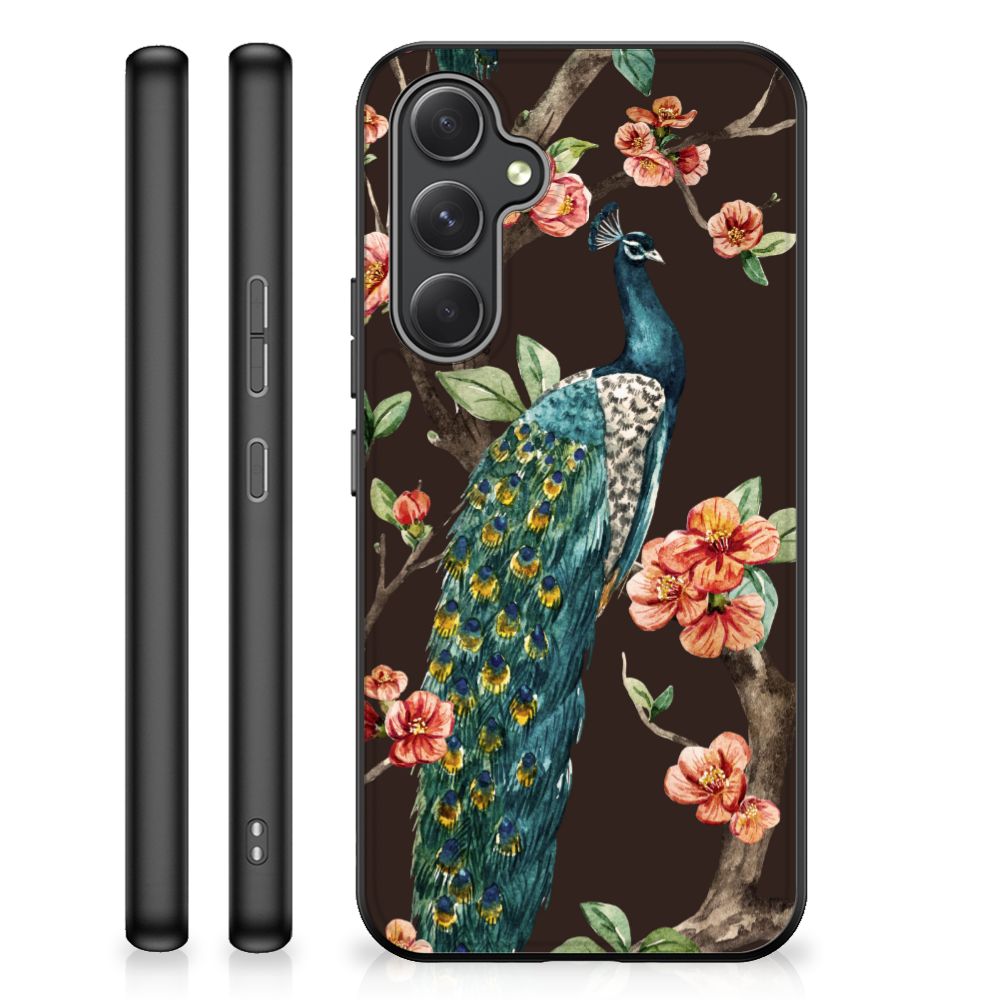 Samsung Galaxy A54 Dierenprint Telefoonhoesje Pauw met Bloemen achterkant zijaanzicht