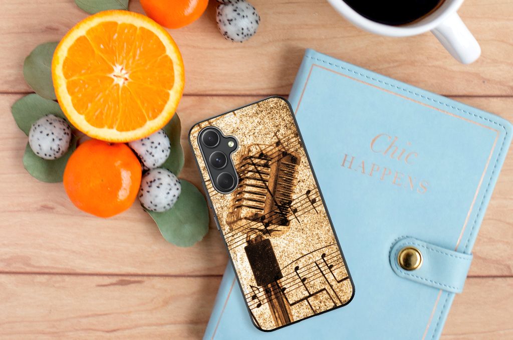 Samsung Galaxy A54 Silicone Back Case Bladmuziek vintage ontwerp bovenaanzicht