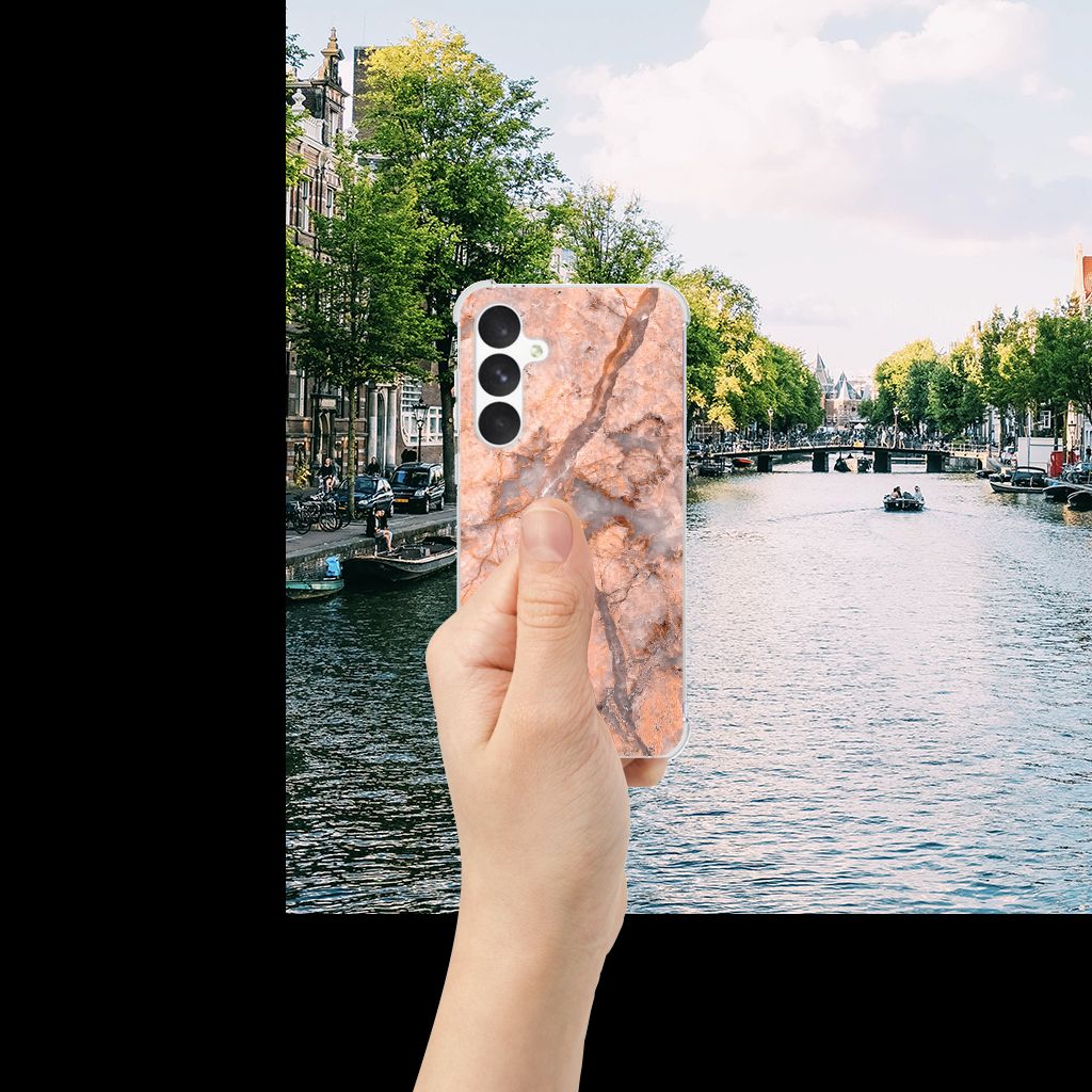 Samsung Galaxy A55 Anti-Shock Hoesje Marmer Oranje hand telefoonhoesje water stad
