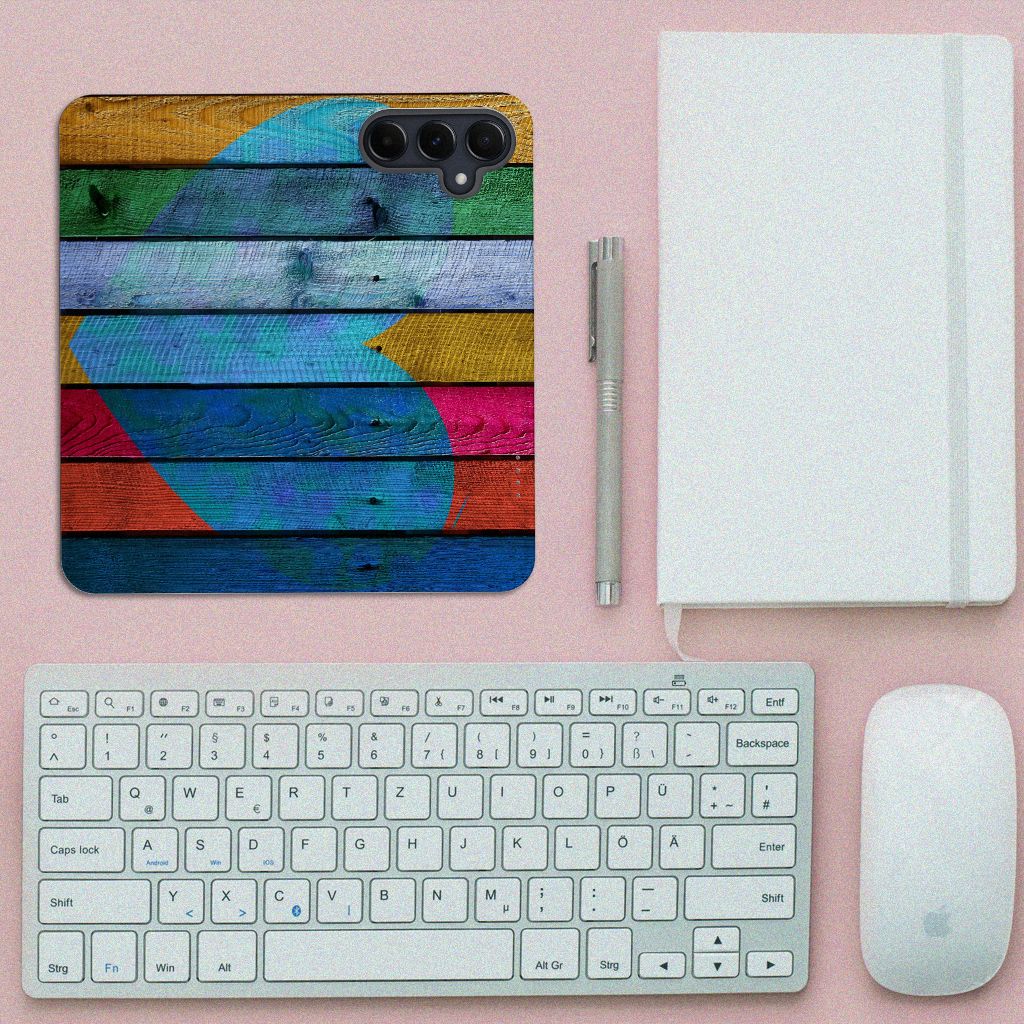 Samsung Galaxy A55 Book Wallet Case Wood Heart bovenaanzicht toetsenbord muis notitieboek