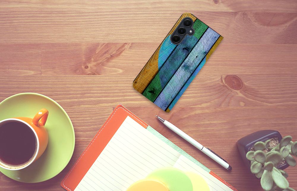 Samsung Galaxy A55 Book Wallet Case Wood Heart tafel bovenaanzicht