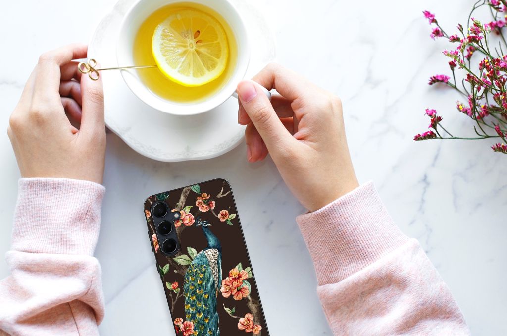 Samsung Galaxy A55 Dierenprint Telefoonhoesje Pauw met Bloemen B2C Telecom