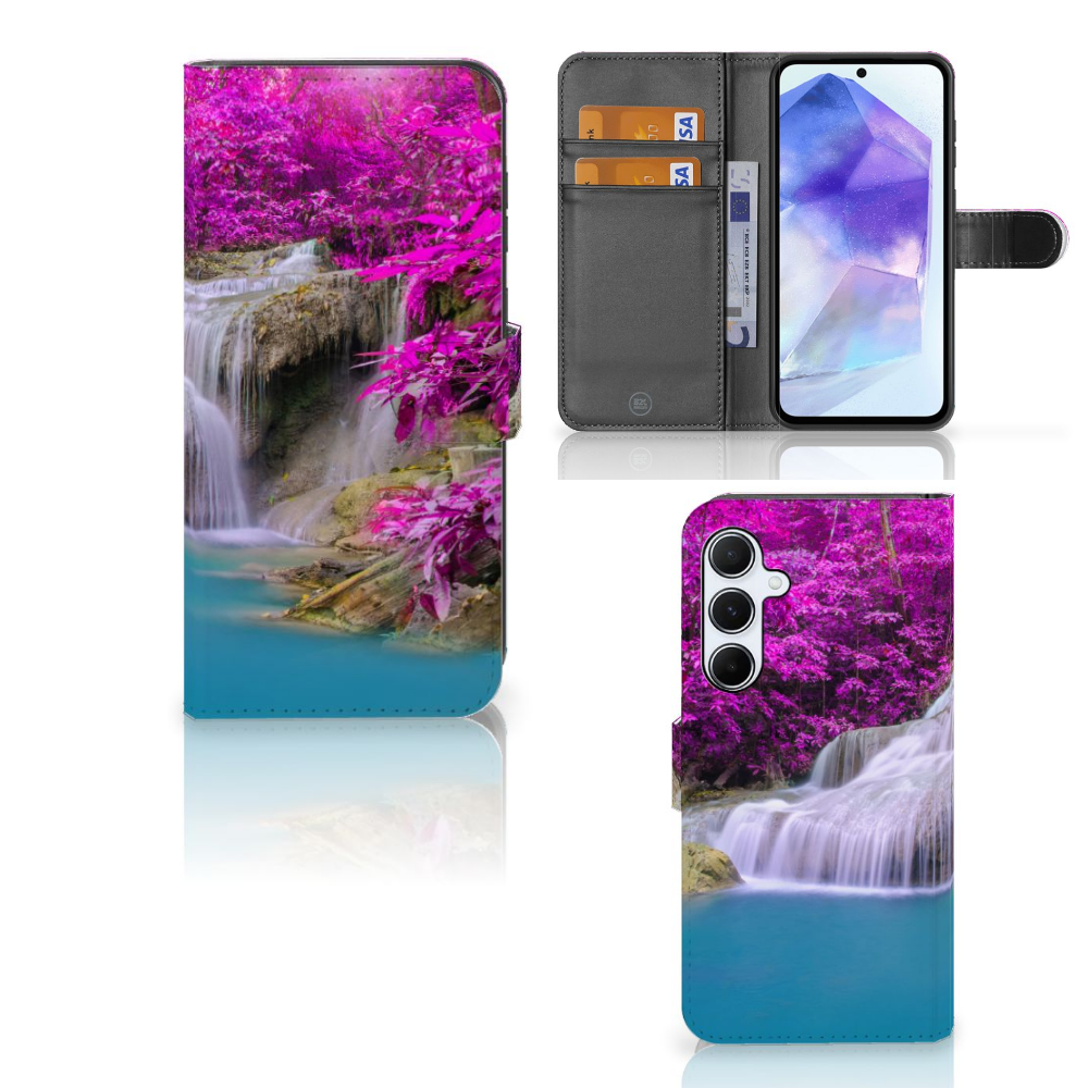 Samsung Galaxy A55 Flip Cover Waterval flipcover waterval paarse bomen voorkant achterzijde