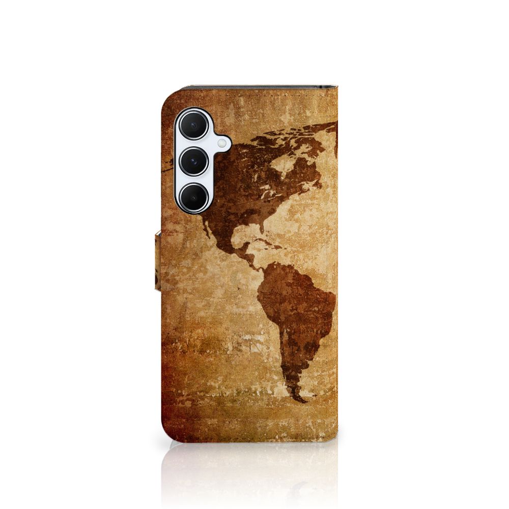 Samsung Galaxy A55 Flip Cover Wereldkaart beschermhoes wereldkaart bruin