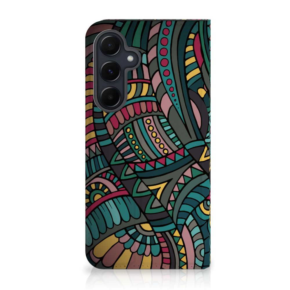 Samsung Galaxy A55 Hoesje met Magneet Aztec kleurrijk retro design zijaanzicht