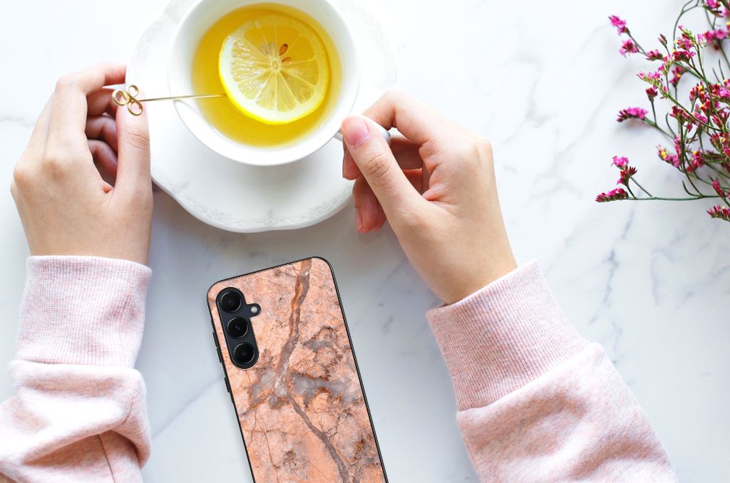 Samsung Galaxy A55 Marmeren Print Telefoonhoesje Marmer Oranje telefoonhoesje marmer oranje aanzicht