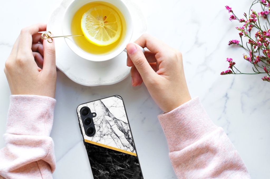 Samsung Galaxy A55 Marmeren Print Telefoonhoesje Marmer Wit Zwart - Origineel Cadeau Man B2C Telecom