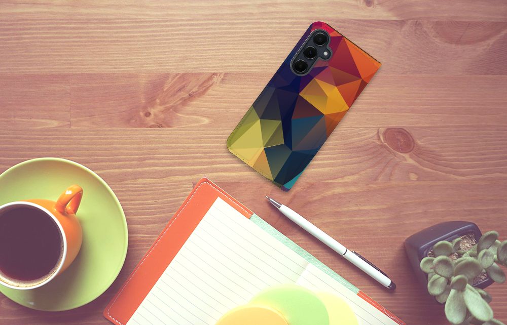 Samsung Galaxy A55 Stand Case Polygon Color kleurrijk driehoekig design aanzicht