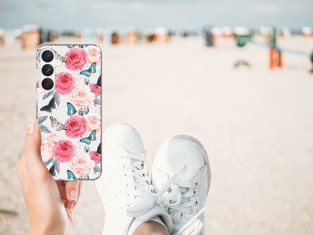 Samsung Galaxy A55 TPU Case Butterfly Roses design achterkant sand beach