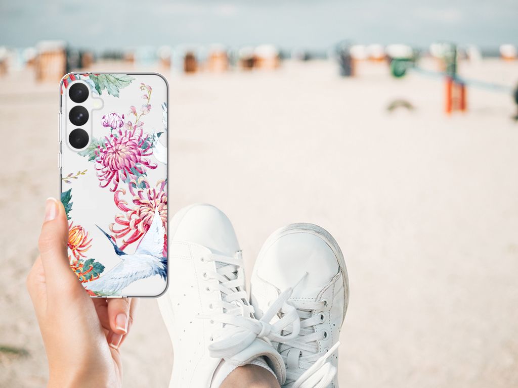 Samsung Galaxy A55 TPU Hoesje Bird Flowers bloemen dessin strand hand schoen