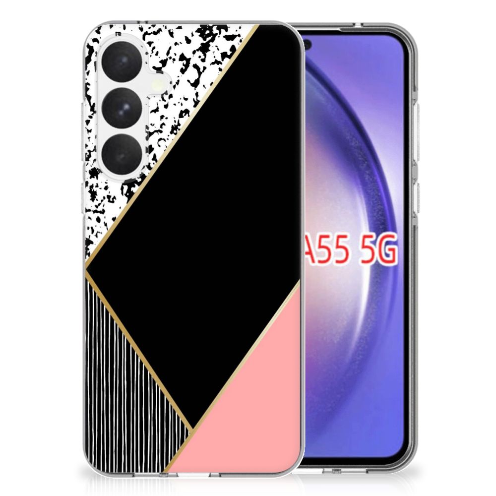 Samsung Galaxy A55 TPU Hoesje Zwart Roze Vormen ontwerp voorkant