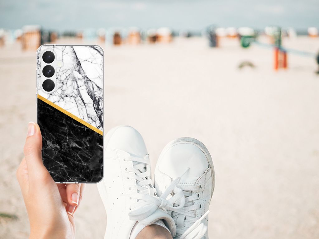Samsung Galaxy A55 TPU Siliconen Hoesje Marmer Wit Zwart design zwartwit marmer aanzicht