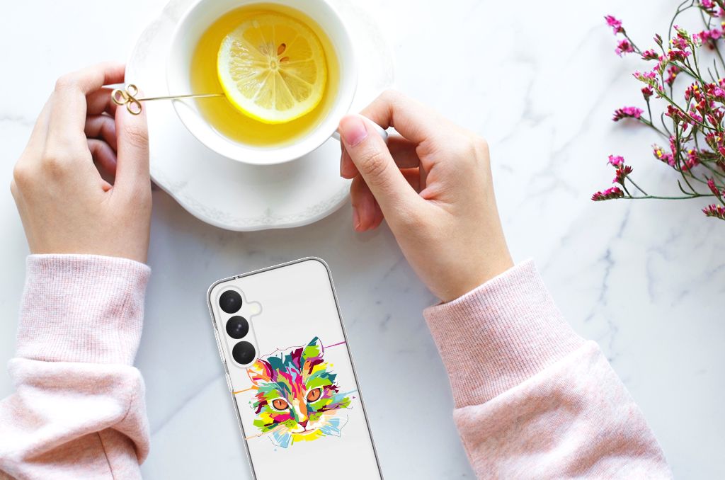 Samsung Galaxy A55 Telefoonhoesje met Naam Cat Color design op tafel met hand en kopje thee