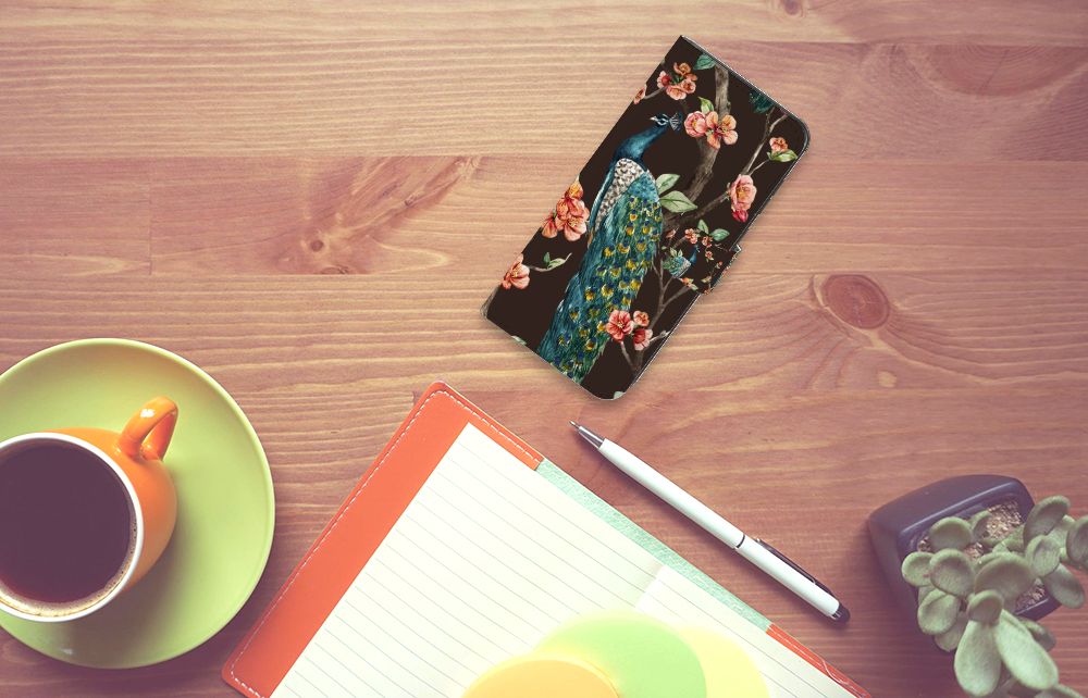 Samsung Galaxy A55 Telefoonhoesje met Pasjes Pauw met Bloemen pauw bloemen design bovenaanzicht