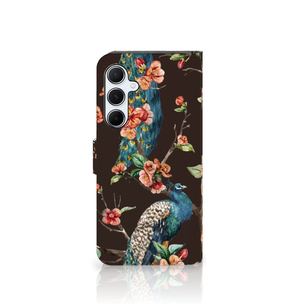 Samsung Galaxy A55 Telefoonhoesje met Pasjes Pauw met Bloemen telefoonhoesje pauw bloemen achterzijde