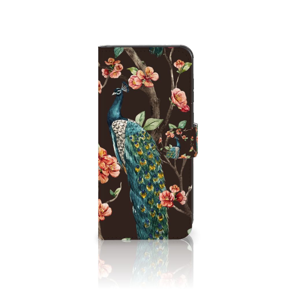 Samsung Galaxy A55 Telefoonhoesje met Pasjes Pauw met Bloemen telefoonhoesje pauw bloemen vooraanzicht