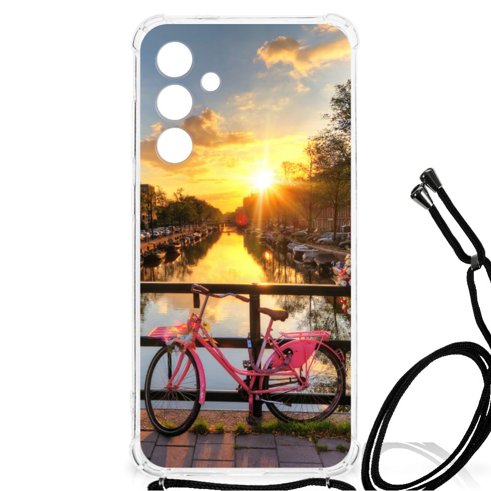 Samsung Galaxy A55 Telefoonhoesje met valbescherming Amsterdamse Grachten fiets bij zonsondergang