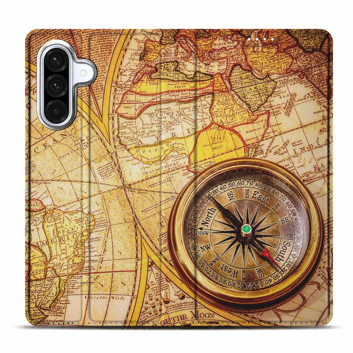 Samsung Galaxy A56 | A36 Book Cover Kompas met wereldkaart en kompas op de achtergrond.