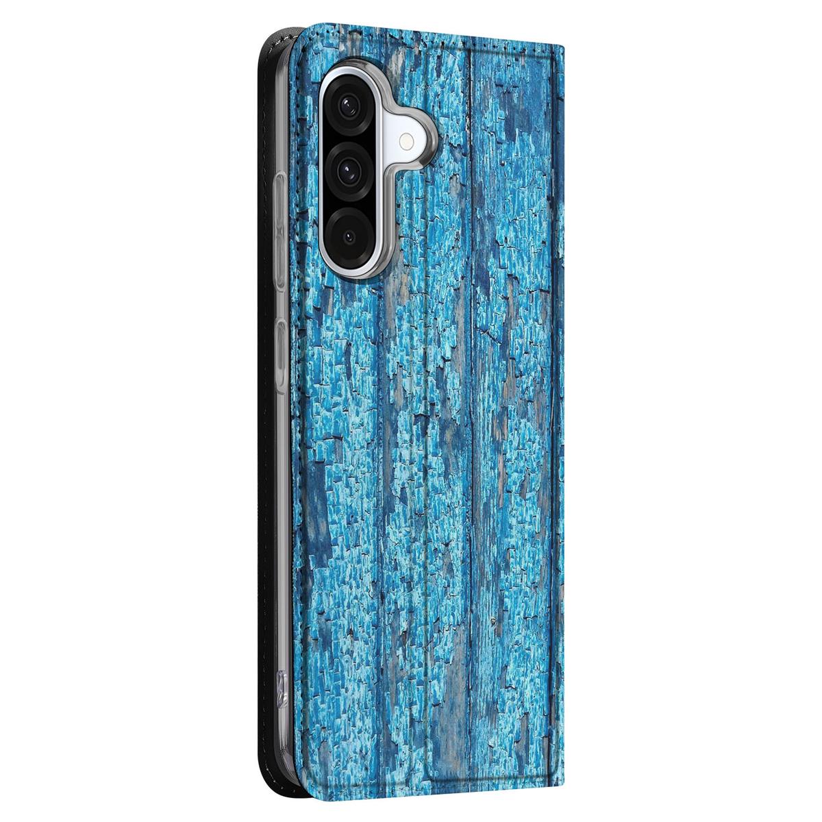 Samsung Galaxy A56 | A36 Book Wallet Case Wood Blue blauw hout zijaanzicht
